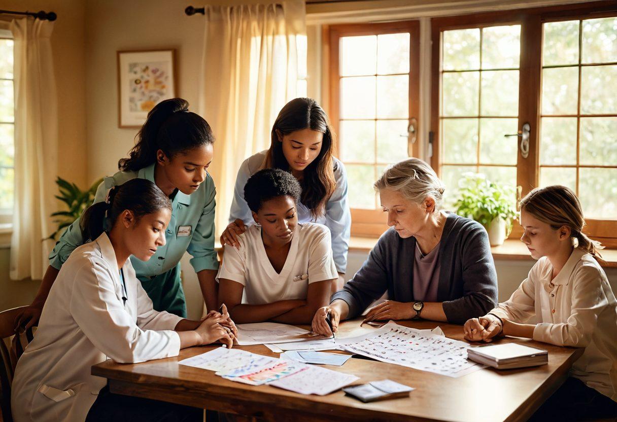 A serene family scene depicting a diverse group of individuals supporting each other, surrounded by comforting symbols such as a heart and a calendar marked with important leave dates. Include elements like medical paperwork gently placed on a table and a warm light pouring in through a window, creating a hopeful atmosphere. The emotional connection between family members is emphasized, portraying support and understanding for medical leave rights. soft-focus, pastel colors, warm lighting.