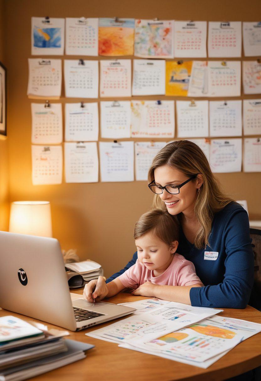 A caring employee in a cozy home office, holding a child's drawing, surrounded by documents and a laptop displaying the FMLA logo. A calendar shows important caregiving dates, while images of family moments and supportive friends adorn the walls. Emphasize warm colors and a sense of security and support. super-realistic. vibrant colors. soft lighting.