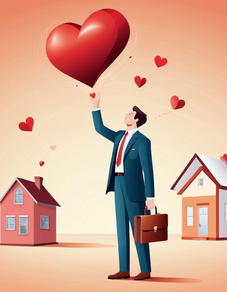 A conceptual illustration of a person juggling a heart and a briefcase, symbolizing affection and employment. The background features a mixed office and serene home setting, with documents representing leave entitlements floating around. The image should evoke a sense of balance and harmony between love and work. Emphasize warmth and professionalism. vibrant colors. vector art.